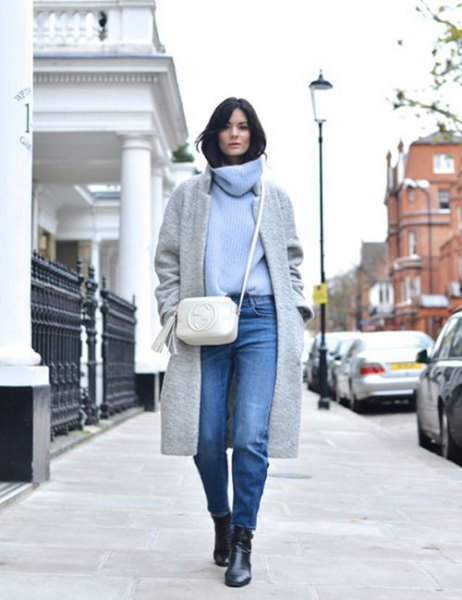Light blue cowl neck sweater, gray wool coat and jeans