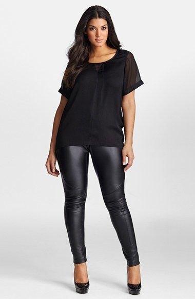 black chiffon t-shirt with scoop neck and leather leggings