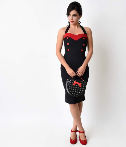 black and red midi dress with halterneck