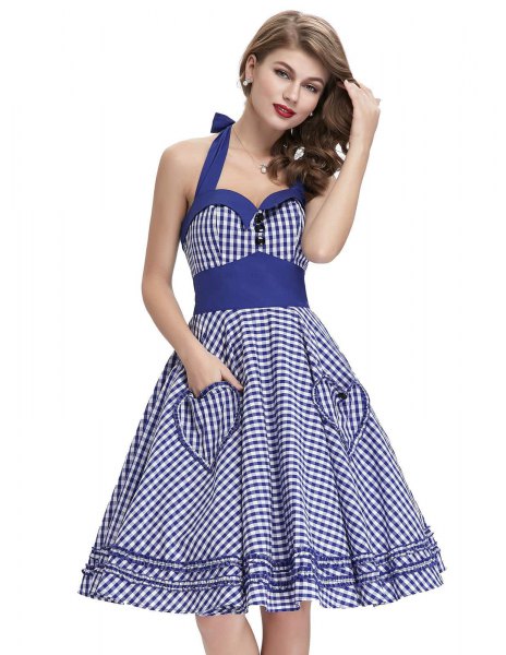 Blue and white halter fit and flared dress with sweetheart neckline