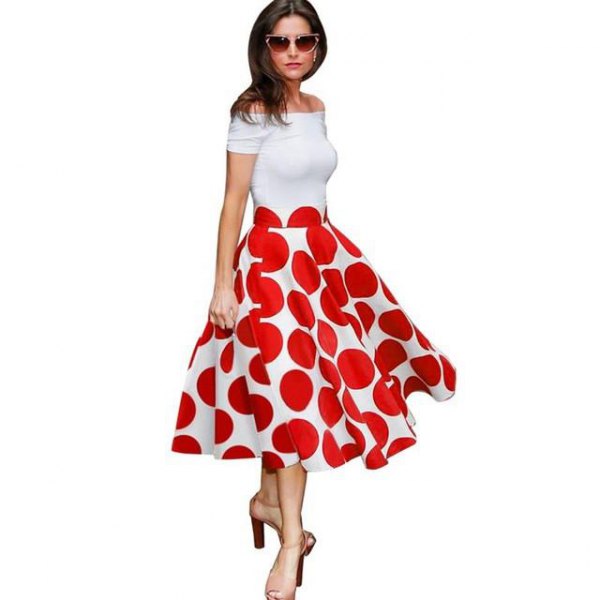 White Off Shoulder Red Polka Dot Midi Dress