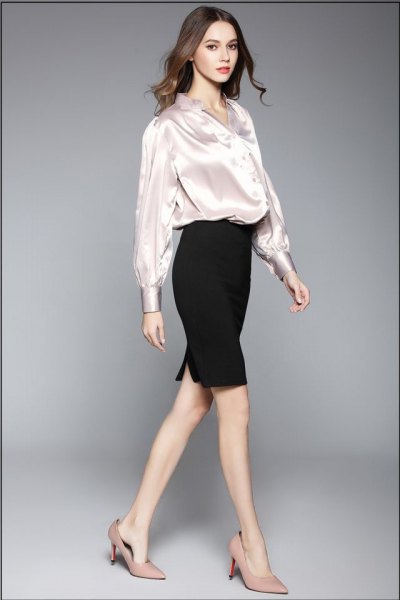 white silk blouse with black pencil skirt