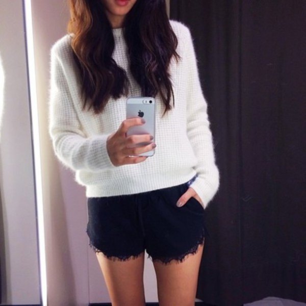 white knit sweater black lace shorts