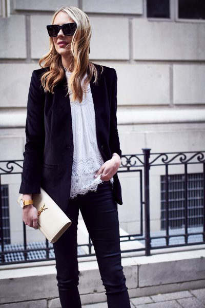 black oversized velvet jacket with white lace tunic top and slim fit jeans