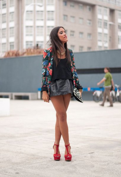 black floral blazer and mini leather skirt