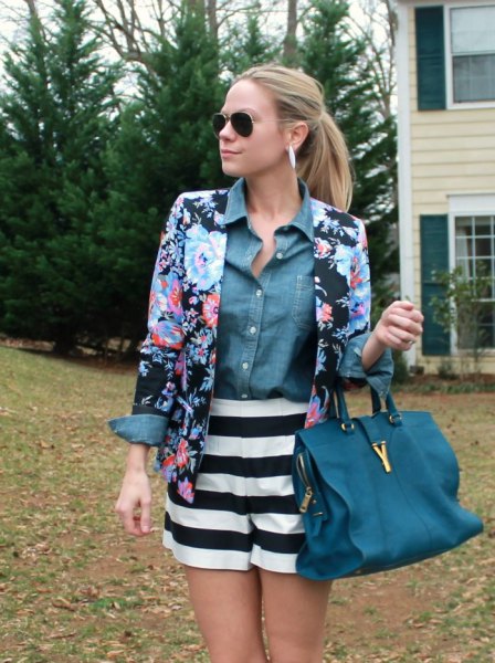 blue and black floral blazer with chambray shirt and striped flowy shorts