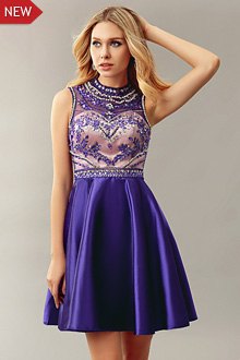 semi-transparent cocktail dress in silver and purple with floral embroidery
