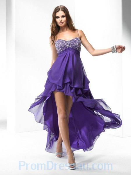 purple and silver sequin spaghetti straps high low long flare dress