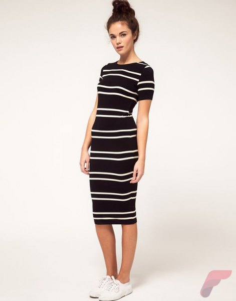 Black Short Sleeve Horizontal Striped Midi Dress