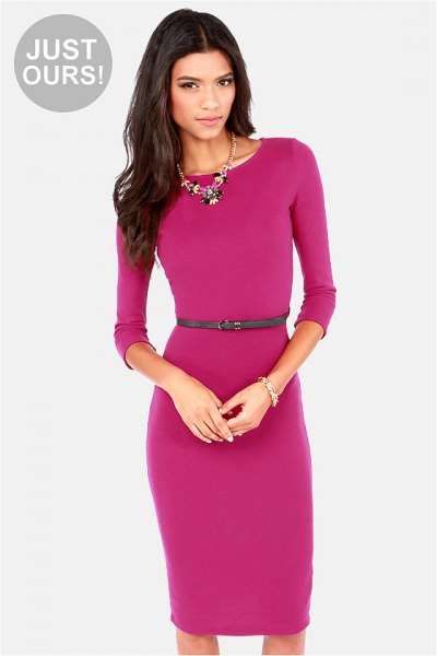 pink midi dress with three quarter sleeves and belt