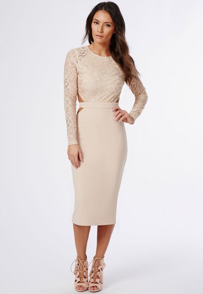 Light pink bodycon midi dress with lace sleeves and open toe heels