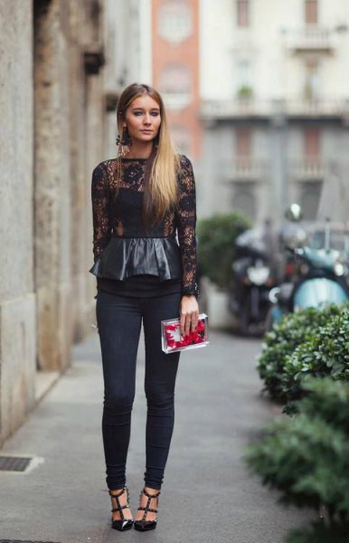 Black leather and lace long sleeve peplum top with slim fit pants