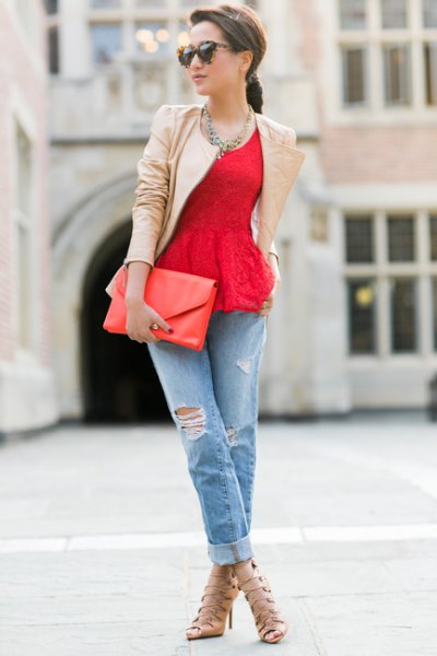 red lace peplum top with blush pink leather jacket