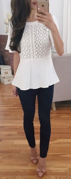white peplum top with black skinny jeans and ribbon heels