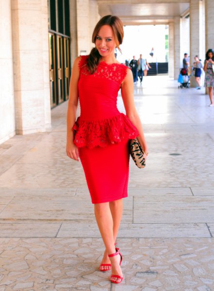 red lace bodice with fitted midi skirt