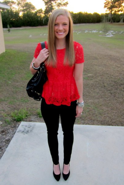 red peplum lace top with black ballet flats