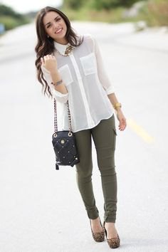 white chiffon blouse and army green drainpipe pants and leopard print heels