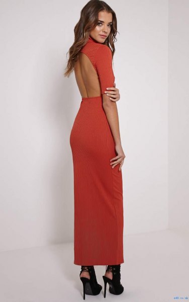 red maxi dress with open back and black ballet and black ballet flats