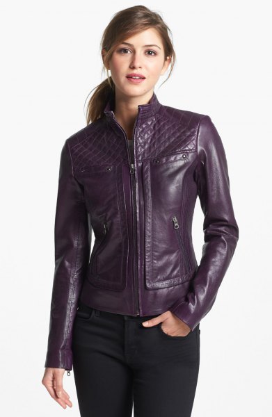 purple moto jacket black skinny jeans