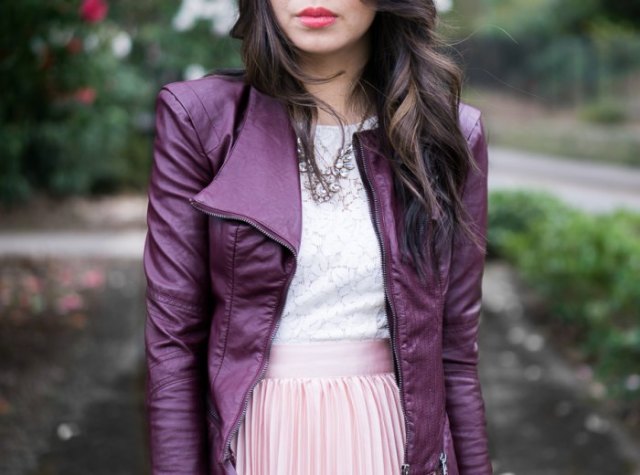 purple leather jacket white lace top pink pleated skirt