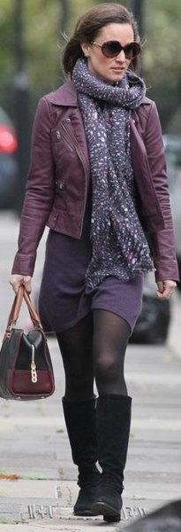 Leather jacket purple shift dress shawl