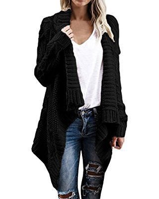 black cable knit shawl sweater with white linen v-neck t-shirt and ripped jeans