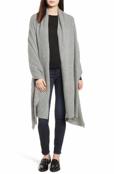 gray longline cardigan with black sweater and slippers