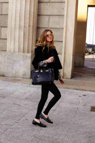 black blazer with leopard print blouse and penny loafers