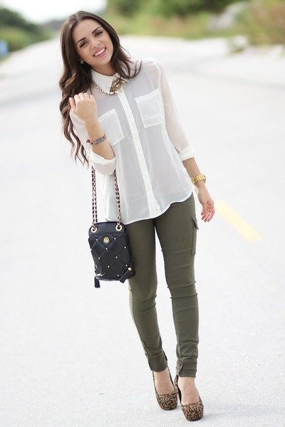 white chiffon shirt with buttons and olive skinny jeans