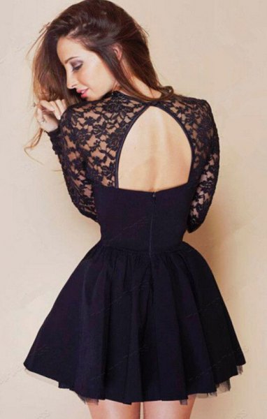 Black lace and chiffon skater dress with open back