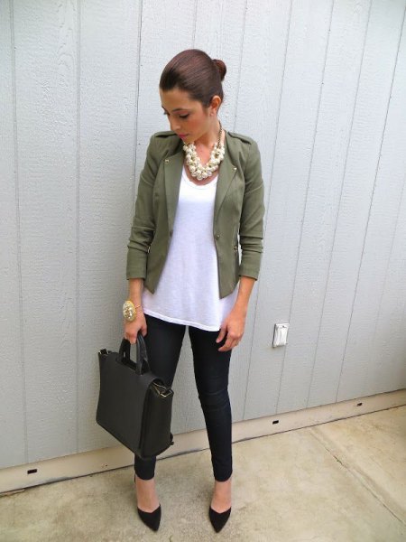 Blazer with a white long tank top and black jeans