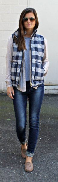 black and white plaid waistcoat with white linen shift jeans