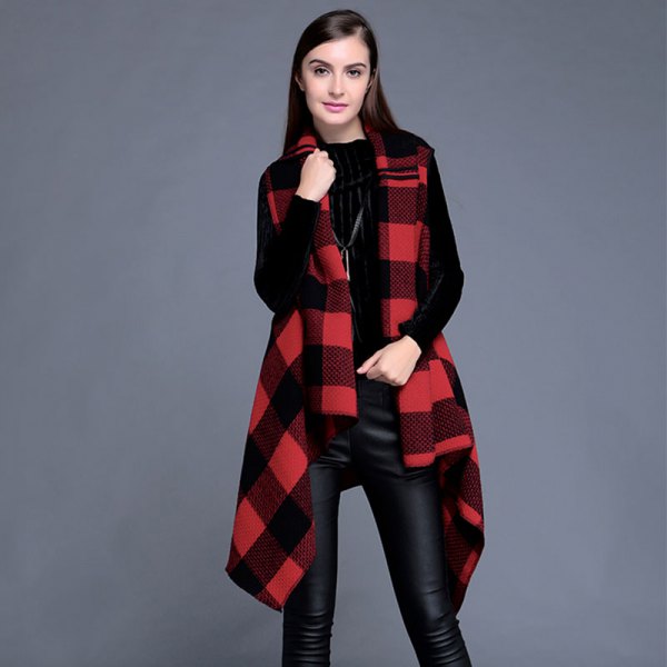 long red and black checked flannel waistcoat with black leather pants