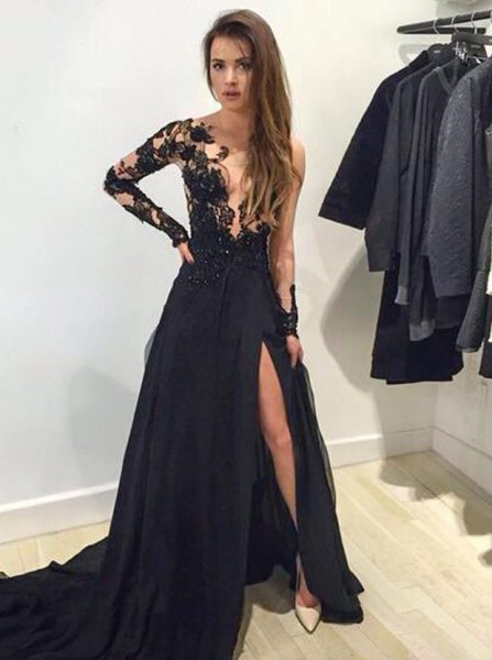 black lace one sleeve deep V-neck evening dress gown