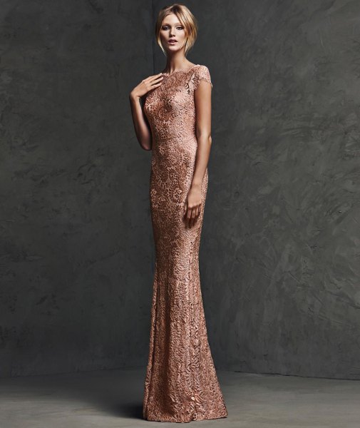 Bodycon floor length dress in rose gold with sequins