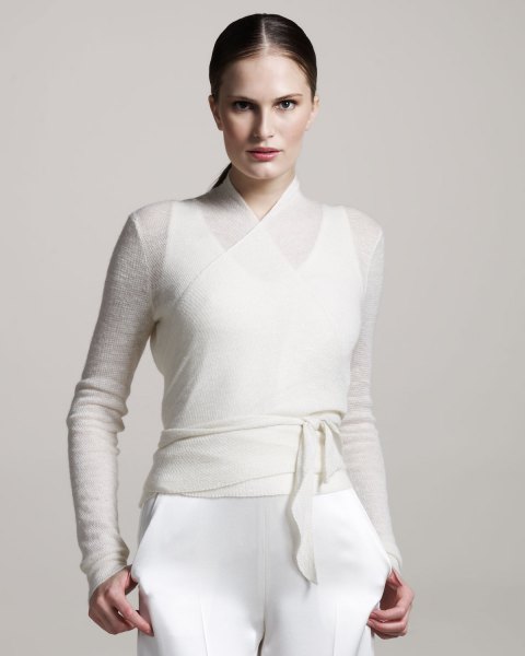 white, semi-transparent belt sweater over the tank top