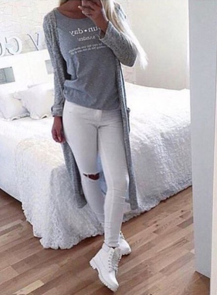 white jeans gray long cardigan