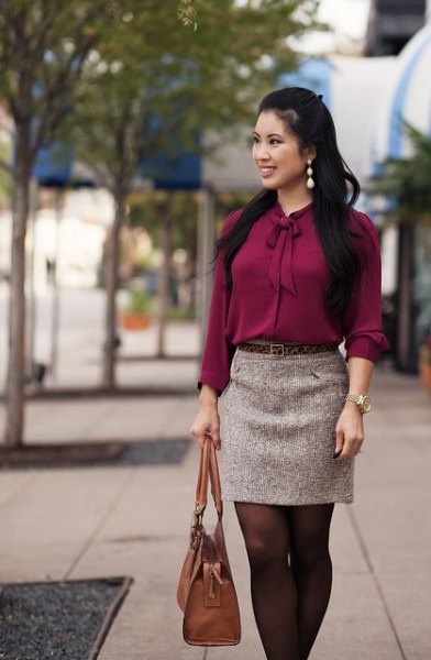 gray tie blouse with mini skirt and brown tights