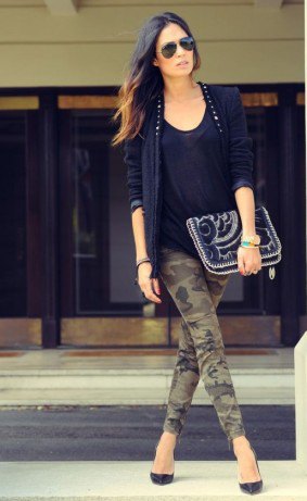 black vest top with scoop neck, blazer and cropped camo jeans
