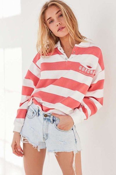 pink and white wide striped collared sweatshirt and mini denim shorts