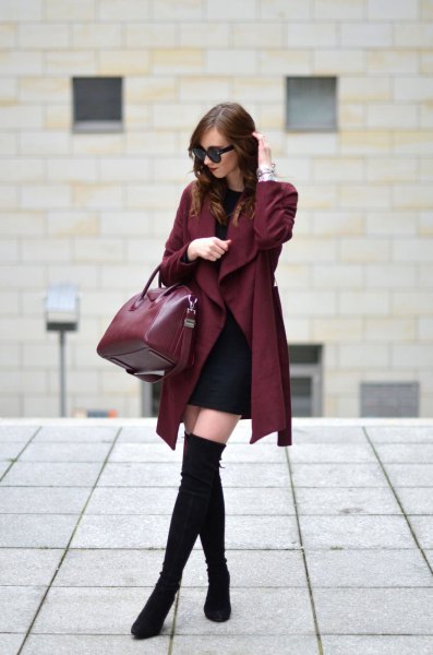Burgundy trench coat with a black mini shift dress