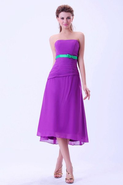 purple strapless midi bridesmaid dress with belt