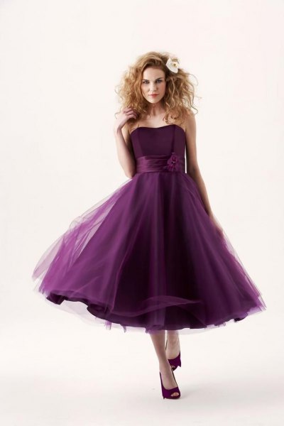 Dark purple chiffon tulle strapless bridesmaid dress