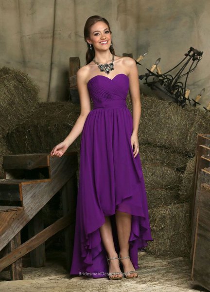purple strapless high low chiffon dress