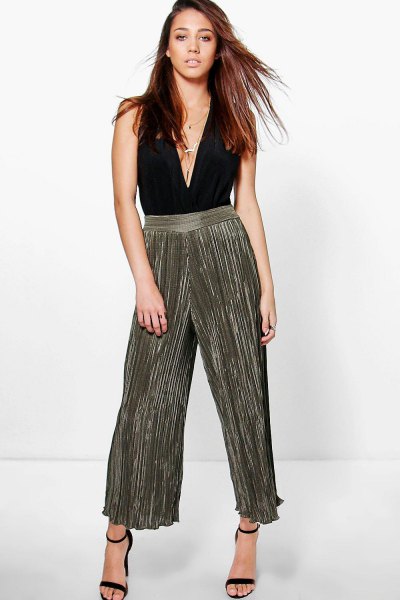 black-grey palazzo trousers with a deep V-neckline