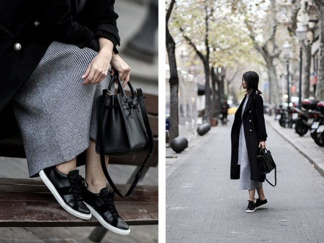 black coat striped dress leather sneakers