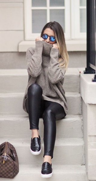 Leather sneakers leggings with gray knit sweater