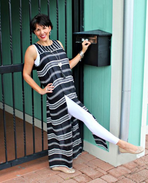 black and white striped maxi high split dress with leggings