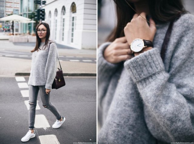 Fuzzy knit sweater with gray skinny jeans