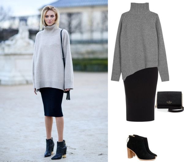 gray turtleneck sweater with a black bodycon midi skirt